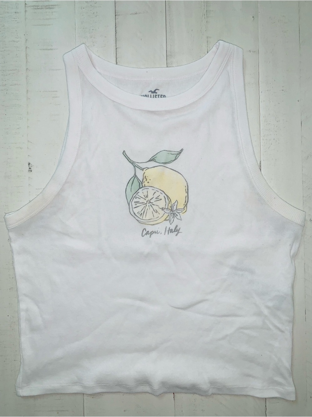 Hollister Ribbed White Tank lemon detail and Capri, Italy